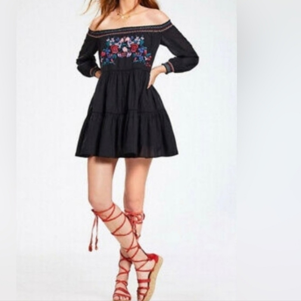 Free People Black Mini Dress with Floral Embroidery Size XS